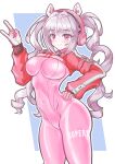  1girl \m/ alice_(nikke) animal_ear_headphones animal_ears bodysuit breasts clothes_writing covered_navel fake_animal_ears goddess_of_victory:_nikke hand_on_hip headphones highres long_hair looking_at_viewer malia_wildcats medium_breasts pink_bodysuit pink_eyes pink_headphones shrug_(clothing) smile solo twintails two-tone_gloves white_hair 