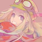  1girl blonde_hair brown_background copyright_request feathers flat_cap floating_hair goggles goggles_on_headwear green_headwear grin hat hat_feather kanikame long_hair looking_at_viewer purple_eyes red_scarf scarf simple_background smile solo upper_body white_feathers 