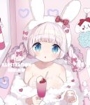  1girl animal_ears bangs bath bathing bathtub blue_eyes bow braid breasts cherry collarbone commentary_request copyright_request cup drinking_straw fake_animal_ears food fruit hairband holding holding_cup ice_cream indoors long_hair low_twintails medium_breasts neki_(wakiko) nude pink_bow pink_hair plaid plaid_bow rabbit_ears red_bow solo twin_braids twintails white_hairband 