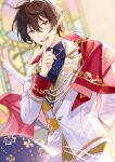  1boy bangs black_hair blurry blurry_background buttons collared_shirt commentary ensemble_stars! finger_to_mouth hair_between_eyes index_finger_raised lapels long_sleeves male_focus official_alternate_costume open_mouth red_eyes sakuma_ritsu seuga shirt short_hair solo stained_glass 