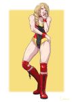  1girl 2023 absurdres artist_name bangs bare_shoulders black_leotard blonde_hair boots border breasts choker cirenk cleavage closed_mouth commission full_body highres jojo_no_kimyou_na_bouken jojo_pose knee_pads large_breasts leotard lips long_hair looking_at_viewer original red_choker red_eyes red_footwear smile solo standing standing_on_one_leg stone_ocean strapless strapless_leotard white_border wrestling_outfit yellow_background 