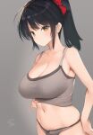  1girl bangs bare_arms bare_shoulders black_hair blush bow breasts brown_eyes camisole_lift cleavage closed_mouth collarbone cowboy_shot grey_background grey_panties hair_bow large_breasts lifted_by_self long_hair motion_lines navel original panties ponytail red_bow signature simple_background stomach underwear yaegashi_nan 