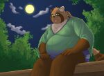  2023 anthro bari_mu brown_body canid canine clothed clothing cloud detailed_background green_eyes hi_res humanoid_hands kemono male mammal moon night outside overweight overweight_male plant raccoon_dog sitting solo tanuki tree 
