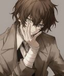  1boy bandaged_arm bandages bangs bolo_tie brown_coat brown_eyes brown_hair bungou_stray_dogs closed_mouth coat collared_shirt dazai_osamu_(bungou_stray_dogs) hair_between_eyes looking_at_viewer male_focus nozz177 open_clothes open_coat shirt solo white_shirt 