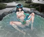  1girl absurdres anus aqua_skin arknights ass bare_shoulders black_hair blush breasts completely_nude dragon_horns dragon_tail dusk_(arknights) earrings erection futanari futanari_masturbation gins grabbing_own_breast highres horns jewelry large_penis long_hair masturbation multiple_girls navel nipples nude open_mouth orange_eyes outdoors partially_submerged penis pointy_ears solo spread_legs tail testicles 