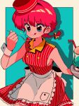  1girl :p blue_eyes braid braided_ponytail breasts cherry food fruit hair_between_eyes highres ranma-chan ranma_1/2 red_hair sanamaru_(sana79261827) solo spoon tongue tongue_out waitress 