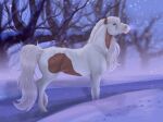  2023 ambiguous_gender blue_eyes digital_media_(artwork) equid equine feral hair hi_res hooves horse huskii-s looking_up mammal mane multicolored_body plant raised_leg smile snow snowing solo tail tree two_tone_body white_hair white_mane white_tail 