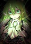  1girl absurdres alina_gray black_necktie black_vest blush breasts brooch clothes_grab collar cross_tie detached_collar fur_cuffs gem glowing green_eyes green_gemstone green_hair hair_between_eyes highres jewelry lapels long_hair magia_record:_mahou_shoujo_madoka_magica_gaiden magical_girl mahou_shoujo_madoka_magica medium_breasts multicolored_hair necktie notched_lapels open_mouth pink_lips puffy_short_sleeves puffy_sleeves satom see-through see-through_sleeves short_sleeves sidelocks solo streaked_hair upper_body v-neck vest white_collar 