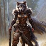  2022 ai_generated anthro armor black_nose canid canine canis cliff fantasy fantasy_weapon female forest fur grey_body grey_fur hair long_hair mammal medieval medieval_fantasy nature nature_background plant solo standing tree warrior wolf 