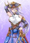  1girl absurdres armpits breasts covered_navel detached_sleeves duel_monster fake_horns fleurdelis_(yu-gi-oh!) hand_on_hip hat highres horned_headwear horns jingasa large_breasts light_purple_hair long_hair looking_at_viewer multiple_swords sangyou_haikibutsu_a scar smile solo the_iris_swordsoul very_long_hair yu-gi-oh! 