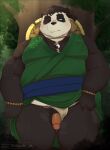 2023 96panda anthro asian_clothing bear black_body black_nose blue_eyes blush bodily_fluids clothed clothing clothing_aside detailed_background east_asian_clothing fundoshi fundoshi_aside genital_fluids genitals giant_panda hi_res humanoid_hands japanese_clothing kemono male mammal musk one_eye_closed outside overweight overweight_male penis plant precum solo tree underwear underwear_aside white_body white_clothing white_fundoshi white_underwear 