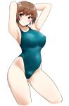  1girl absurdres arms_behind_head blue_one-piece_swimsuit breasts brown_eyes brown_hair commentary_request competition_swimsuit contrapposto covered_navel covered_nipples cowboy_shot cropped_legs highres large_breasts looking_at_viewer nanao_futaba one-piece_swimsuit original short_hair simple_background solo swimsuit white_background 