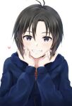  1girl :d antenna_hair bangs black_hair blue_hoodie blush commentary grin hair_between_eyes hands_on_own_face heart hood hood_down hoodie idolmaster idolmaster_(classic) kikuchi_makoto looking_at_viewer mogskg pink_shirt portrait shirt short_hair simple_background smile solo upper_body white_background zipper 