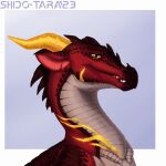  dragon female feral gold_(metal) green_eyes hi_res horn_jewelry invalid_tag red_body scalie scar shido-tara simple_background skywing_(wof) smile smirk solo wings_of_fire 