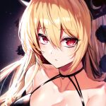  1girl bangs blonde_hair breasts cleavage close-up closed_mouth commentary hair_between_eyes headdress junko_(touhou) koissa large_breasts long_hair looking_at_viewer red_eyes touhou 