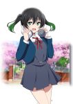  1girl absurdres bangs black_hair cherry_blossoms cosplay green_eyes green_hair headphones headphones_around_neck highres holding holding_headphones korean_commentary looking_at_viewer love_live! love_live!_nijigasaki_high_school_idol_club love_live!_superstar!! medium_hair school school_uniform shibuya_kanon shibuya_kanon_(cosplay) smile solo takasaki_yuu twintails white_background yuigaoka_school_uniform yumel_lot 