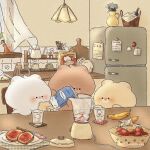  animal_ears banana bear bear_ears blender_(object) bottle bowl bread bread_slice coffee coffee_bag curtains flour food fruit glass highres indoors jam kitchen kitchen_knife knife kocobear milk_bottle no_humans original refrigerator smoothie sticky_note tomato vase wind 