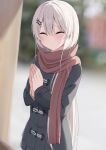  1girl bangs black_coat blurry blurry_background blush closed_eyes closed_mouth coat grey_hair hair_between_eyes hair_ornament highres kamu_(geeenius) long_hair original outdoors own_hands_together red_scarf scarf school_uniform solo x_hair_ornament yami-chan_(kamu_(geeenius)) 