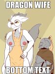  2023 absurd_res anthro apron apron_only armor black_sclera breasts clothing dragon duo eyewear female fingers fur glasses grey_body grey_fur hand_on_hip headgear helmet hi_res horn human knight male mammal mostly_nude nipples tail tail_tuft the_man tuft warrior white_body yellow_eyes 