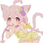  2023 accessory ahoge anthro blush bodily_fluids breasts clothed clothing digital_media_(artwork) domestic_cat felid feline felis female female_anthro fur hair hair_accessory hi_res inner_ear_fluff kemono looking_at_viewer mammal open_mouth paw_pose pigtails pink_eyes pink_hair pose racal_ra simple_background small_breasts solo sweat sweatdrop tail tan_body tan_fur tuft white_background white_body white_fur young 