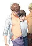  1girl 2boys arm_around_waist bracelet brown_hair collarbone embarrassed faceless faceless_female female_pervert groping highres jewelry looking_down male_focus male_swimwear multiple_boys necklace nipples open_clothes open_shirt original pervert ponytail shiohara_shinogi simple_background solo_focus sunglasses sweatdrop swim_trunks tan white_background 