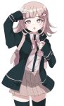 1girl backpack bag black_jacket bright_pupils brown_eyes brown_hair brown_skirt commentary_request danganronpa_(series) danganronpa_2:_goodbye_despair galaga ixy jacket nanami_chiaki neck_ribbon open_clothes open_jacket open_mouth pink_ribbon pink_shirt pleated_skirt ribbon shirt short_hair simple_background skirt sleeves_past_wrists solo white_background white_pupils zettai_ryouiki 