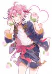  1boy ahoge bangs chinese_clothes choker commentary double_bun ensemble_stars! food fruit green_eyes hair_between_eyes hair_bun heart himemiya_touri holding holding_food holding_fruit long_sleeves male_focus peach pink_hair red_ribbon ribbon seuga shirt short_hair shorts sidelocks sleeves_past_elbows solo tongue tongue_out unbuttoned white_background white_shirt 