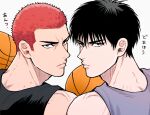  2boys bangs buzz_cut closed_mouth frown gorii looking_at_viewer male_focus multiple_boys red_hair rukawa_kaede sakuragi_hanamichi shirt short_hair simple_background slam_dunk_(series) sleeveless sleeveless_shirt v-shaped_eyebrows very_short_hair white_background 