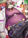 2023 absurd_res anthro belly big_belly bottomwear clothing detailed_background hi_res humanoid_hands kemono lifewonders live_a_hero lying male mammal miazuma_shouki moobs one_eye_closed overweight overweight_male pants procyonid raccoon shirt solo topwear viscunam 