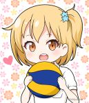  :o ball bangs blonde_hair brown_eyes character_request check_character collared_shirt commentary_request floral_background haikyuu!! hair_ornament heart holding holding_ball looking_at_viewer mitya one_side_up open_mouth outline puffy_short_sleeves puffy_sleeves shirt short_sleeves simple_background star_(symbol) star_hair_ornament teeth twitter_username upper_body upper_teeth_only white_background white_outline white_shirt yachi_hitoka 