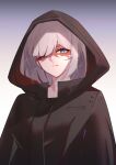  1girl bangs black_jacket blue_eyes blunt_bangs bob_cut closed_mouth collarbone commentary_request faicha gradient_background hair_over_one_eye head_tilt hood hood_up hooded_jacket jacket looking_at_viewer medium_hair original solo staring swept_bangs white_hair 