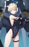  1girl absurdres bangs bare_shoulders black_gloves black_leotard blonde_hair blue_archive blue_eyes blue_leotard blush breasts bun_cover cameltoe covered_navel earpiece elbow_gloves fingerless_gloves gloves groin hair_bun hair_ribbon halo highleg highleg_leotard highres leotard looking_at_viewer maid_headdress revision ribbon short_hair single_hair_bun siu_hing5262 sleeveless_turtleneck_leotard small_breasts solo stretching thigh_strap thighs toki_(blue_archive) two-tone_leotard 