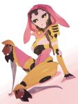  1girl abyuramu_yukidaruma alternate_color android animal_hood apex_legends ash_(titanfall_2) black_sclera breasts colored_sclera highres hood hood_up hooded_leotard leotard looking_down medium_breasts metal_skin mouse pink_leotard rabbit_hood simulacrum_(titanfall) sitting solo yellow_eyes 