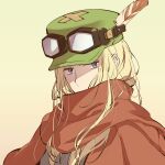  blonde_hair blue_eyes brown_background copyright_request covered_mouth enpera feathers flat_cap goggles goggles_on_headwear green_headwear hat hat_feather kanikame long_hair looking_at_viewer red_scarf scarf simple_background solo upper_body white_feathers 