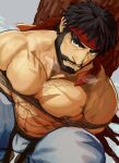  1boy abs absurdres arms_behind_back bara beard black_hair blue_eyes bound bound_arms bulge chest_hair facial_hair forked_eyebrows headband highres large_pectorals male_focus muscular muscular_male navel nipples pants pectorals red_headband restrained rope ryu_(street_fighter) short_hair solo street_fighter street_fighter_6 thick_eyebrows tokuninai_hito topless_male white_pants 