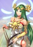  1girl absurdres armlet bangs bare_shoulders breasts chiton collarbone dress esee4844 forehead_jewel gold green_eyes green_hair highres jewelry kid_icarus kid_icarus_uprising large_breasts laurel_crown long_hair palutena parted_bangs pendant pendant_choker side_slit sidelocks single_thighhigh strapless strapless_dress thighhighs vambraces very_long_hair white_dress white_thighhighs 