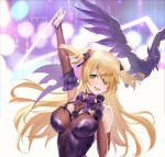  1girl :d arm_up aztodio bare_shoulders bird blonde_hair bow bowtie breasts commentary duplicate fischl_(genshin_impact) genshin_impact green_eyes highres large_breasts long_hair looking_at_viewer nail_polish open_mouth oz_(genshin_impact) pixel-perfect_duplicate purple_bow purple_bowtie purple_nails sleeveless smile two_side_up upper_body very_long_hair 