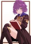  1girl bangs bernadetta_von_varley black_thighhighs blush book buttons closed_mouth commentary fire_emblem fire_emblem:_three_houses garreg_mach_monastery_uniform gbbgb321 hair_between_eyes highres holding holding_book hood hood_down invisible_chair long_sleeves looking_at_viewer purple_eyes purple_hair short_hair sitting solo thighhighs uniform 
