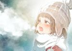  1girl beanie breath brown_eyes brown_hair commentary gomennasai hat highres open_mouth original scarf snowing solo upper_body winter_clothes 