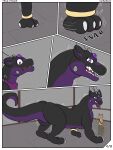  black_body body_size_growth bottomwear claws clothing comic dragon duo feet felid feline feral gem growth hi_res horn macro male mammal multicolored_body open_mouth purple_eyes purple_gem scalie simple_background size_difference size_transformation toe_claws toes transformation two_tone_body vezar_(vezerem) vezerem 