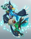  1boy anklet armor beak bird_boy bird_legs bird_wings blue_scarf blue_tail blue_wings braid closed_mouth feathered_wings full_body furry furry_male gradient_background green_eyes grey_background hand_on_hip highres jewelry light_particles male_focus multicolored_tail multicolored_wings multiple_braids revali rito scarf shoulder_armor smile solo tail talons the_legend_of_zelda the_legend_of_zelda:_breath_of_the_wild two-tone_wings ukata white_tail white_wings wings 