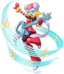  1girl :d black_bodysuit blonde_hair bodysuit cape dress green_eyes guitar harp_note_(mega_man) heart helmet highres holding holding_instrument instrument light_blush mega_man_(series) mega_man_x_(series) mega_man_x_dive mizuno_keisuke musical_note pink_dress short_hair smile solo teeth upper_teeth_only white_cape 