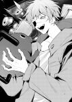  1boy can chainsaw chainsaw_man denji_(chainsaw_man) eyepatch galzy007 greyscale handle highres hood hoodie looking_at_another monochrome open_mouth pochita_(chainsaw_man) short_hair smile 