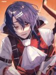  1boy absurdres alcryst_(fire_emblem) ascot bow_(weapon) commentary_request fire_emblem fire_emblem_engage hair_ornament hairclip highres long_sleeves male_focus naiko_(pixiv13781356) purple_hair red_eyes red_vest shirt short_hair solo upper_body vest weapon white_ascot white_shirt 