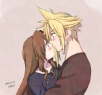  1boy 1girl aerith_gainsborough alternate_costume artist_name bangs black_shirt blonde_hair blush brown_background brown_hair brown_shirt casual cloud_strife couple dated earrings final_fantasy final_fantasy_vii hair_between_eyes hair_down hetero imminent_kiss jewelry krudears long_hair looking_at_another parted_bangs shirt short_hair sidelocks single_earring spiked_hair upper_body wavy_hair 