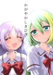  2girls :d alina_gray bangs blonde_hair blush bow bowtie closed_eyes closed_mouth cover cover_page doujin_cover green_eyes green_hair highres layered_sleeves long_hair long_sleeves looking_at_another magia_record:_mahou_shoujo_madoka_magica_gaiden mahou_shoujo_madoka_magica misono_karin multiple_girls open_mouth parted_bangs purple_hair red_bow red_bowtie sakae_general_school_uniform satom school_uniform shirt short_over_long_sleeves short_sleeves simple_background smile upper_body white_shirt 