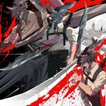  1boy 1girl black_necktie black_pants blood blood_on_weapon blood_spray chainsaw_man chest_belt collared_shirt crossbow_devil_(chainsaw_man) disembodied_limb holding holding_sword holding_weapon kishibe_(chainsaw_man) kishibe_(young)_(chainsaw_man) long_hair necktie open_mouth original pants ponytail quanxi_(chainsaw_man) remi_tsu sharp_teeth shirt shirt_tucked_in smile sword teeth weapon weapon_on_back white_hair white_shirt 