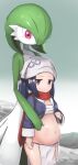  1860_(ichi) absurdres akari_(pokemon) black_hair blush breasts chest_sarashi cleavage gardevoir head_scarf highres hug hug_from_behind navel pelvic_curtain pokemon pokemon_(creature) pokemon_(game) pokemon_legends:_arceus ponytail pregnant red_scarf sarashi scarf stomach sweatdrop 