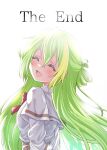  1girl :d alina_gray arms_behind_back blush bow bowtie closed_eyes cover cover_page doujin_cover facing_viewer green_hair hair_between_eyes highres layered_sleeves long_hair long_sleeves magia_record:_mahou_shoujo_madoka_magica_gaiden mahou_shoujo_madoka_magica multicolored_hair open_mouth red_bow red_bowtie sakae_general_school_uniform satom school_uniform shirt short_over_long_sleeves short_sleeves sidelocks simple_background single_hair_ring smile solo streaked_hair upper_body white_background white_shirt 
