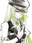  1girl alina_gray black_headwear black_vest blonde_hair brooch closed_eyes closed_mouth fur_cuffs green_hair hair_over_one_eye hand_on_own_chest hat highres jewelry long_hair magia_record:_mahou_shoujo_madoka_magica_gaiden magical_girl mahou_shoujo_madoka_magica peaked_cap puffy_short_sleeves puffy_sleeves satom short_sleeves simple_background smile solo upper_body vest white_background 